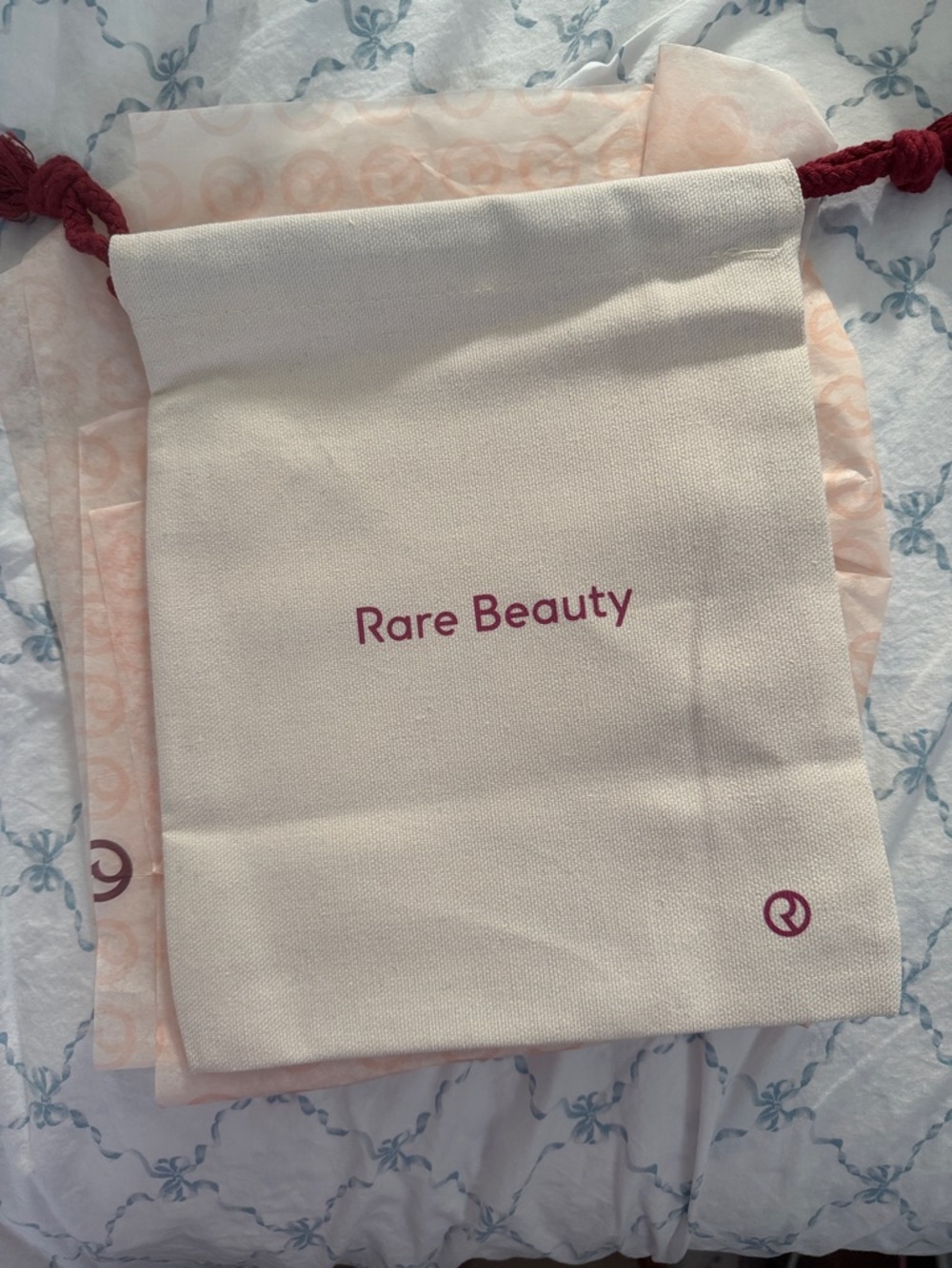 Rare Beauty Cream and Blush Drawstring Pouch & Letter